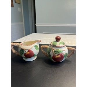 Cracker Barrel Red Apple Ceramic Embossed Lidded Sugar Bowl & Creamer Set
